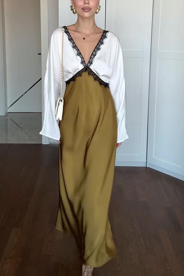 Lainei Contrast Color Satin Lace Trim V-neck Long Sleeve Maxi Dress
