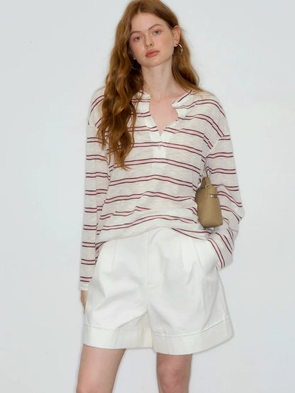 Striped V-Neck Long Sleeve Sweatshirt