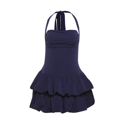Spring Sexy Backless Slim Fit Tube Top puffy dress Halter Lace up Solid Color