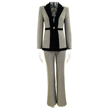 Elegant Sequ Small Plaid Colorblock Work Pant Two Piece Set