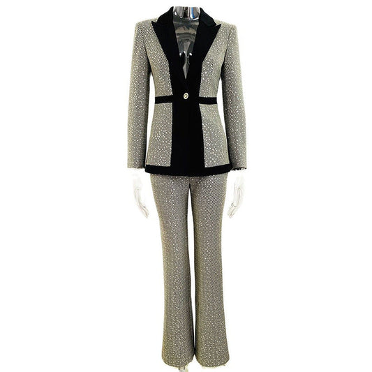 Elegant Sequ Small Plaid Colorblock Work Pant Two Piece Set