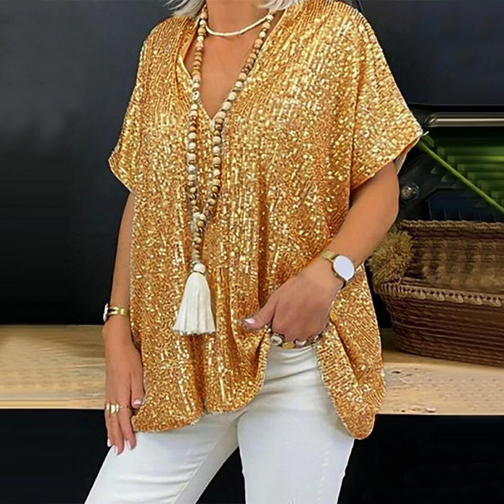 Short Sleeve Urban Casual Color Loose Pullover Sequined V neck T shirt Top Women Clothing