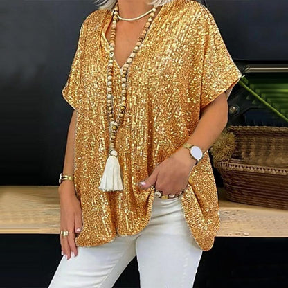 Short Sleeve Urban Casual Color Loose Pullover Sequined V neck T shirt Top Women Clothing