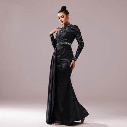 Women Clothing Long leeved round Neck Slim Fit Sheath Sequined Cocktail Fishtail Evening Dress
