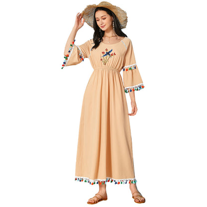 Women Clothing Round Neck Tassel Half Sleeve High Waist Long Casual Dress