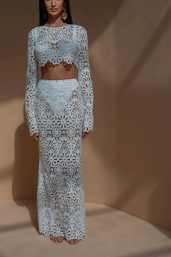 Balmy Summers Crochet Lace Floral Pattern Elastic Waist Fishtail Vacation Maxi Skirt