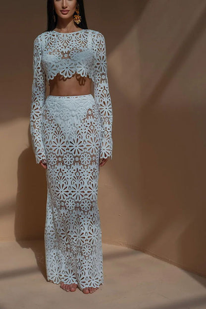 Balmy Summers Crochet Lace Floral Pattern Elastic Waist Fishtail Vacation Maxi Skirt