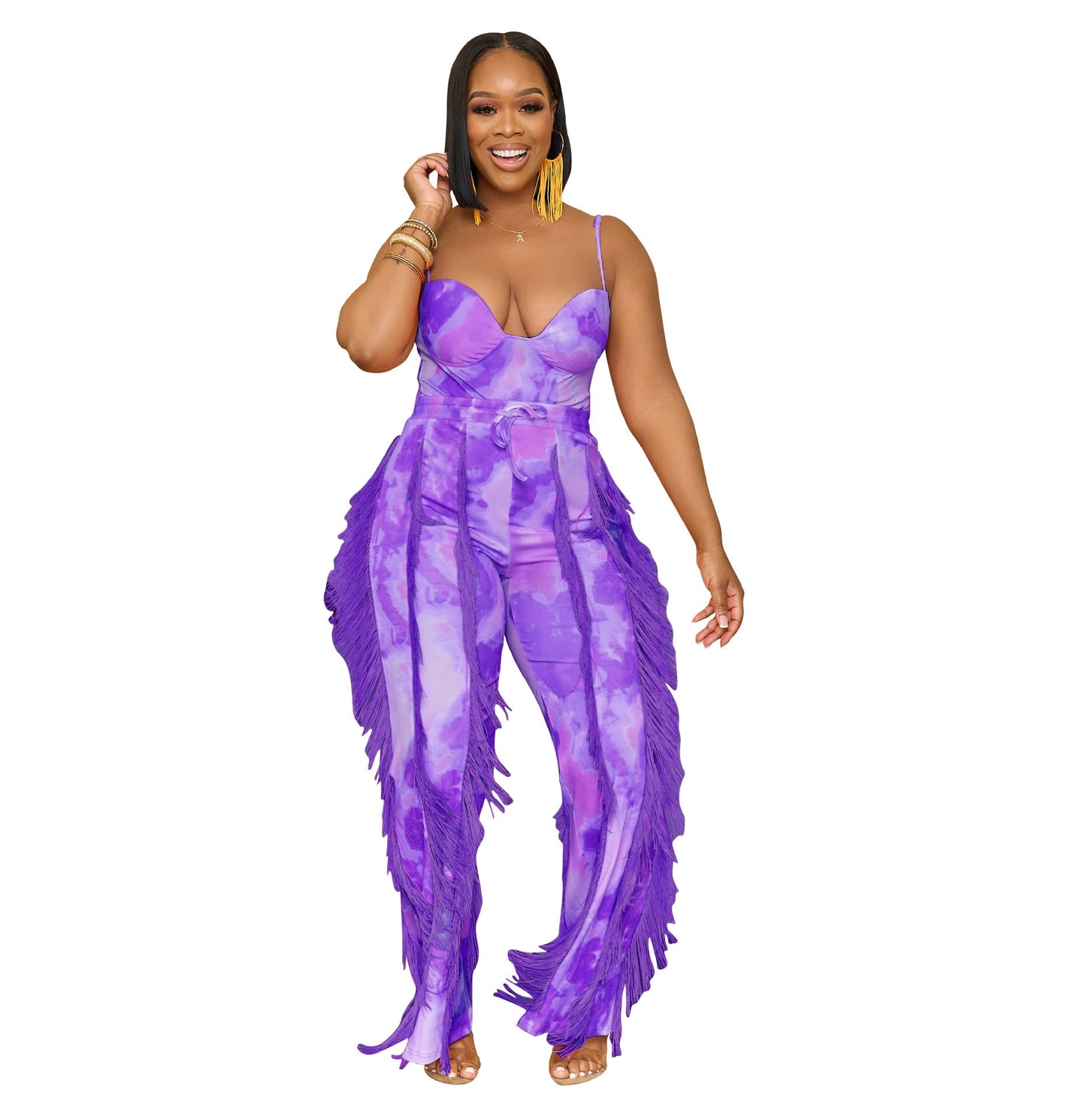 Women Clothing Suit Printed Tassel Lace Sling Jumpsuit Two Piece Suit