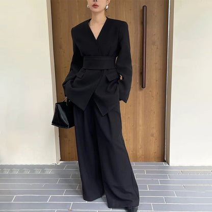 Women Autumn Elegant Casual Waist Tight Top Loose Wide Leg Pants Two Piece Sets