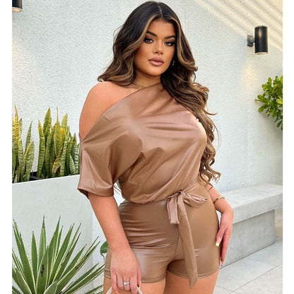 Women Summer Casual Sexy off-the-Shoulder Faux Leather Romper