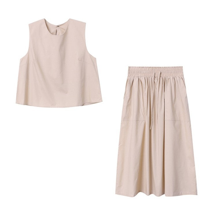French Simplicity Elegant Pure Cotton Washed Thin round Neck Vest Umbrella Skirt Two Piece Suit