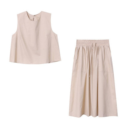 French Simplicity Elegant Pure Cotton Washed Thin round Neck Vest Umbrella Skirt Two Piece Suit