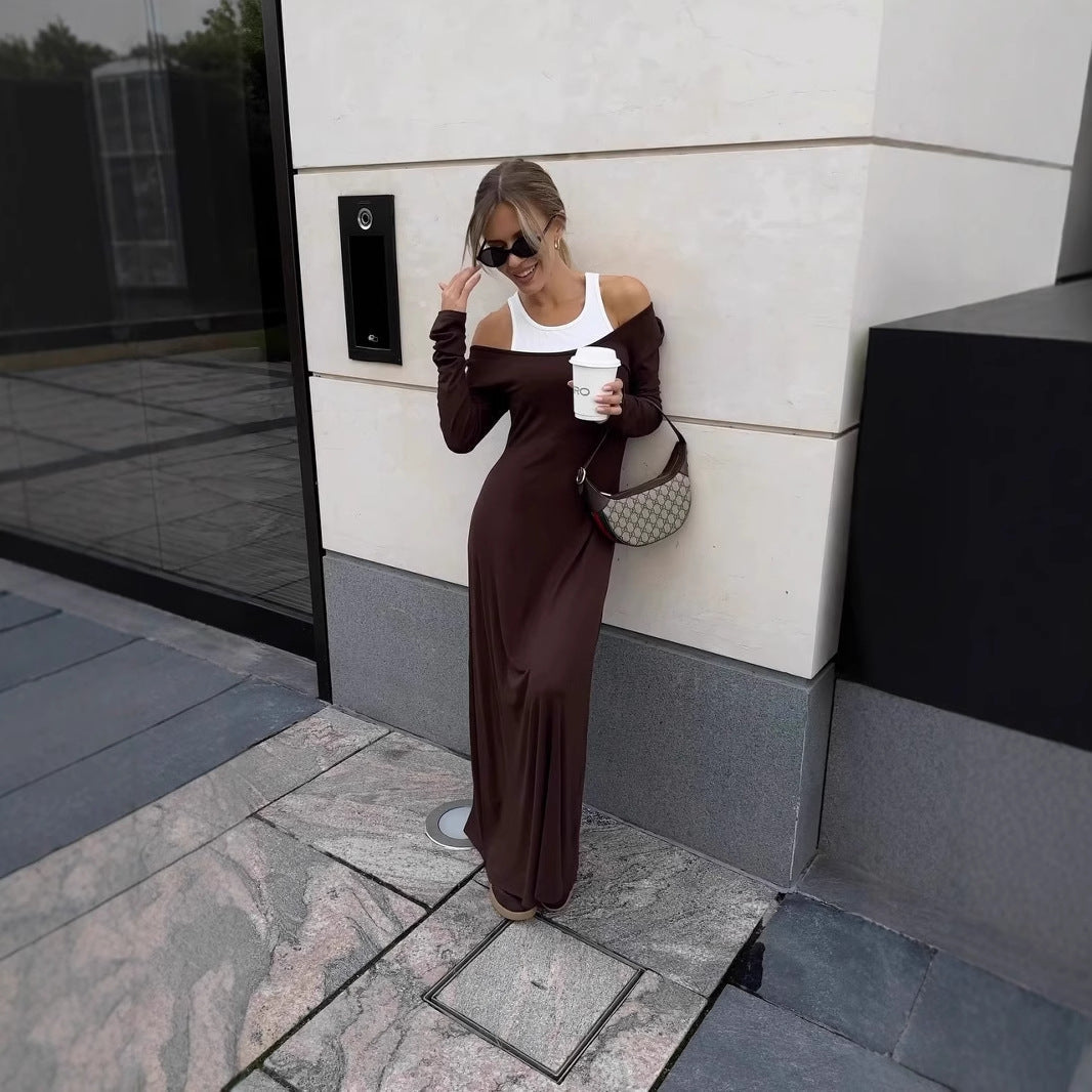 Long Sleeve Stitching Faux Two Piece Vest Sexy Dress