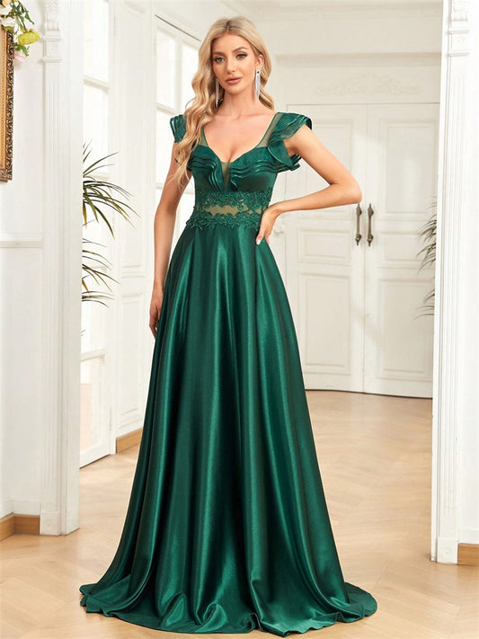 Women Satin Sleeveless V neck Flounce Cocktail Evening Dress