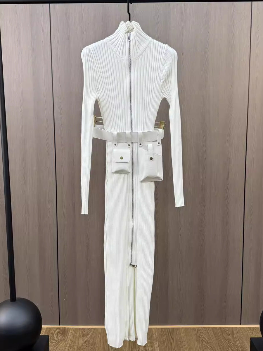 Long Dress Autumn Pocket Belt Design Waist Tight Slimming Knitted Dress Women
