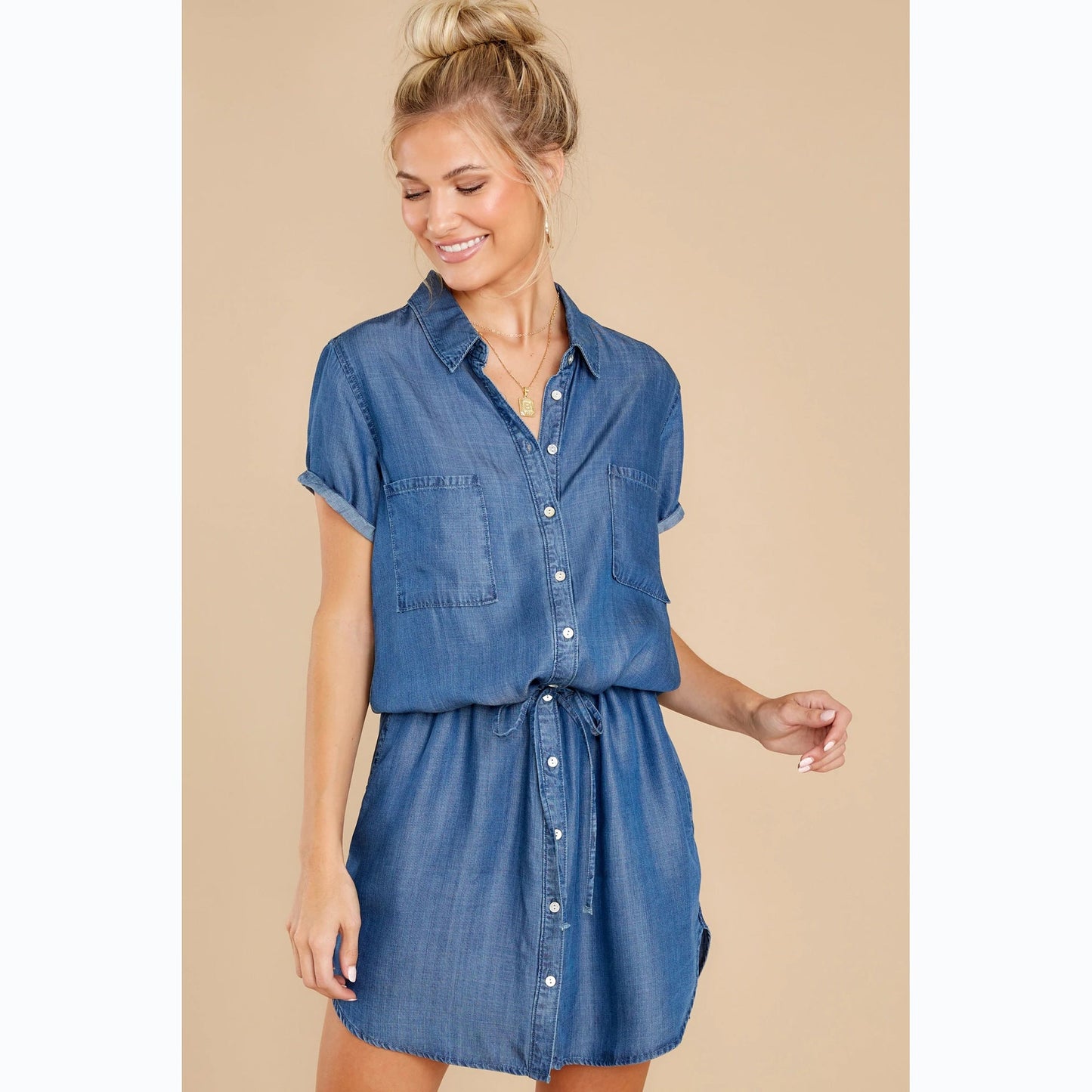 Spring Summer Casual Belt Single-Breasted Denim Dress