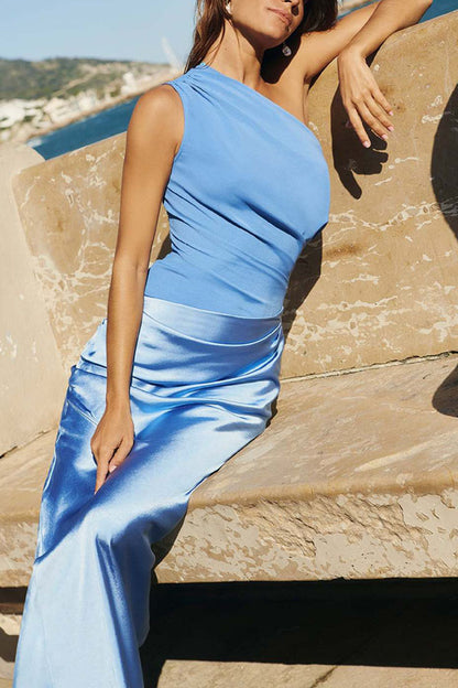 Kaia Satin Contrast Fabric Patchwork One Shoulder Ruched Maxi Dress