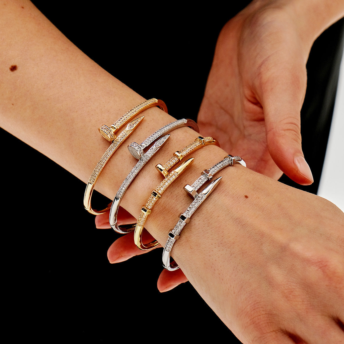 Stylish Unique Zircon Nail Open Bangle Bracelet