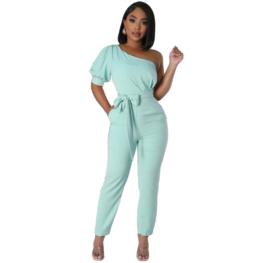 One Shoulder High Waist Backless Slim Tapered Trousers Women Jumpsuit