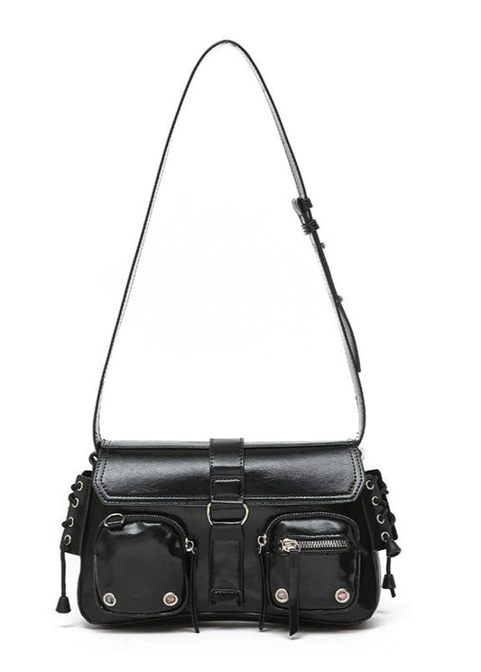 Crimson Utility Buckle Shoulder Bag – Multi-Pocket Street Style