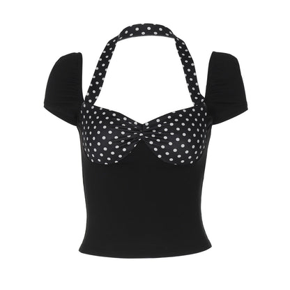 Women Clothing Spring Summer Halter Short Sleeve Backless Top Polka Dot Stitching T shirt Top