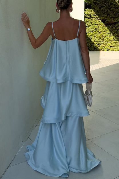 Soft and Smooth Satin Tiered Slip Square Neck A-line Maxi Dress