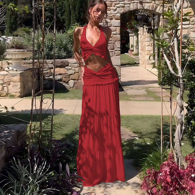 Women Clothing Winter Sexy V neck Ruffled Halter Spaghetti Straps Detail Twisted Skirt Set Women