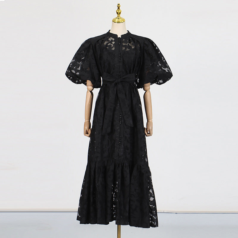 Retro Design Maxi Dress Spring Summer Single Breasted Printed Lace up Short Sleeve Long Pattern Dress Women