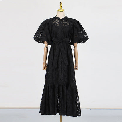 Retro Design Maxi Dress Spring Summer Single Breasted Printed Lace up Short Sleeve Long Pattern Dress Women