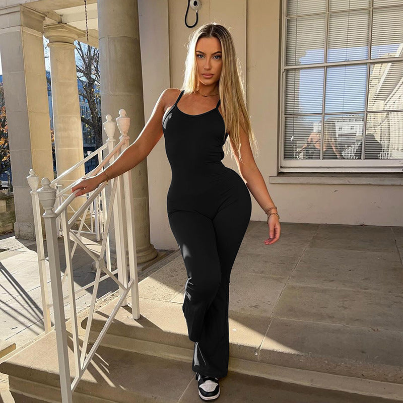 Women Clothing Winter Solid Color Sling Backless Wide Leg Bell Bottoms Sports Yoga Jumpsuit