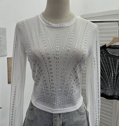 Diamond Embedded Thin Sheer Mesh Long Sleeve T shirt Slim Short Backless Top Women