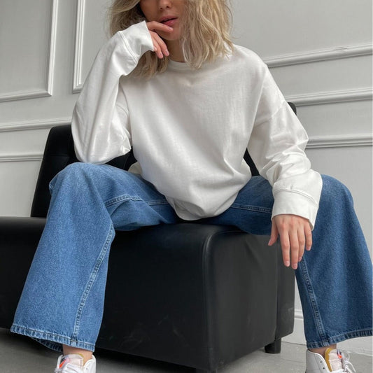 Thread Cuff Cotton T Shirt Women Knitted Loose Long Sleeved Top