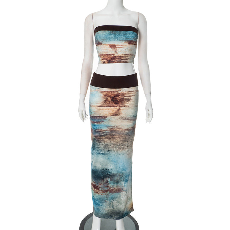 Women Spring Summer Tube Top Blooming Printed off the Shoulder Elastic High Waist Long Hip Skirt Two Piece Sets