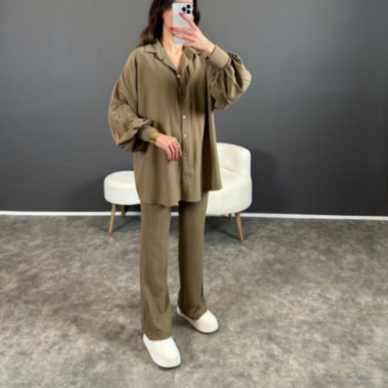 Women Bubble Long Sleeve Loose Lace up Shirt Straight Casual Pants Two Pieces Sets