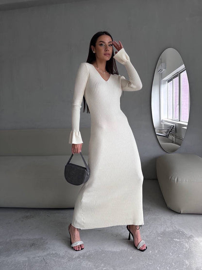 Long Sleeve V neck Tight Knitted Dress Solid Color Rib Fabric Wool Long Autumn Winter Dress