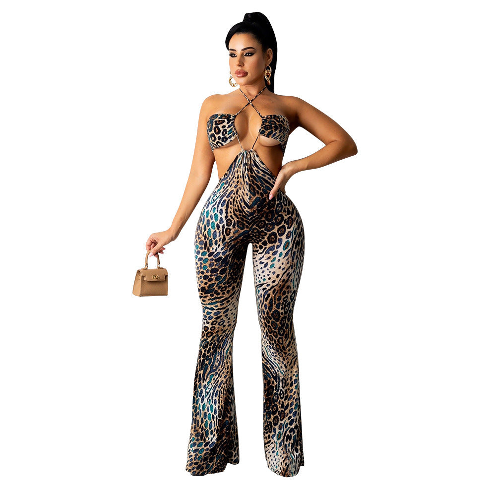 Women Clothing Sexy Cutout Halter Women Jumpsuit Trousers Bell Bottom Pants