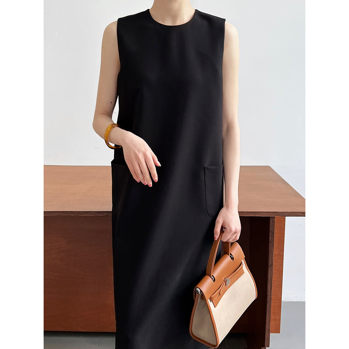 Simple Graceful Office Sleeveless Suit Vest Dress Women Loose round Neck Drooping Straight Dress