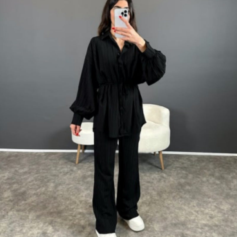 Women Bubble Long Sleeve Loose Lace up Shirt Straight Casual Pants Two Pieces Sets