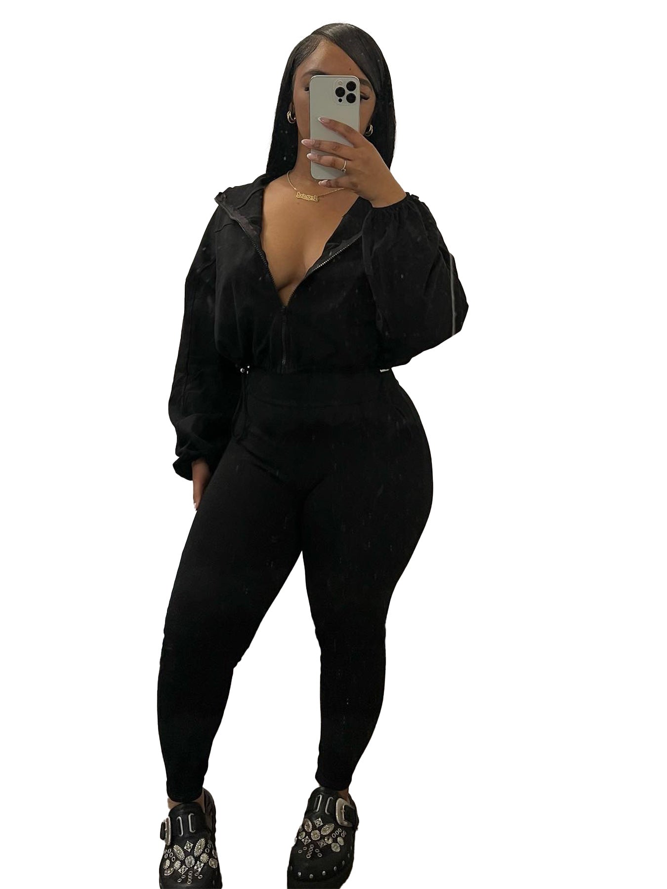 Casual Women Wear Zipper Elastic Buckle Waist Drop Shoulder Sleeve Two Piece Suit