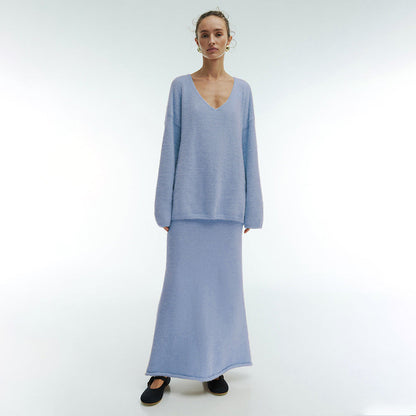 Sweater Suit Women Autumn Winter Office Simple Knitting V Neck Sweater Skirt Set