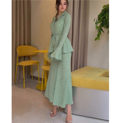 Women Clothing Small Floral High Quality Waist Long Sleeve Top Skirt Two Piece Set