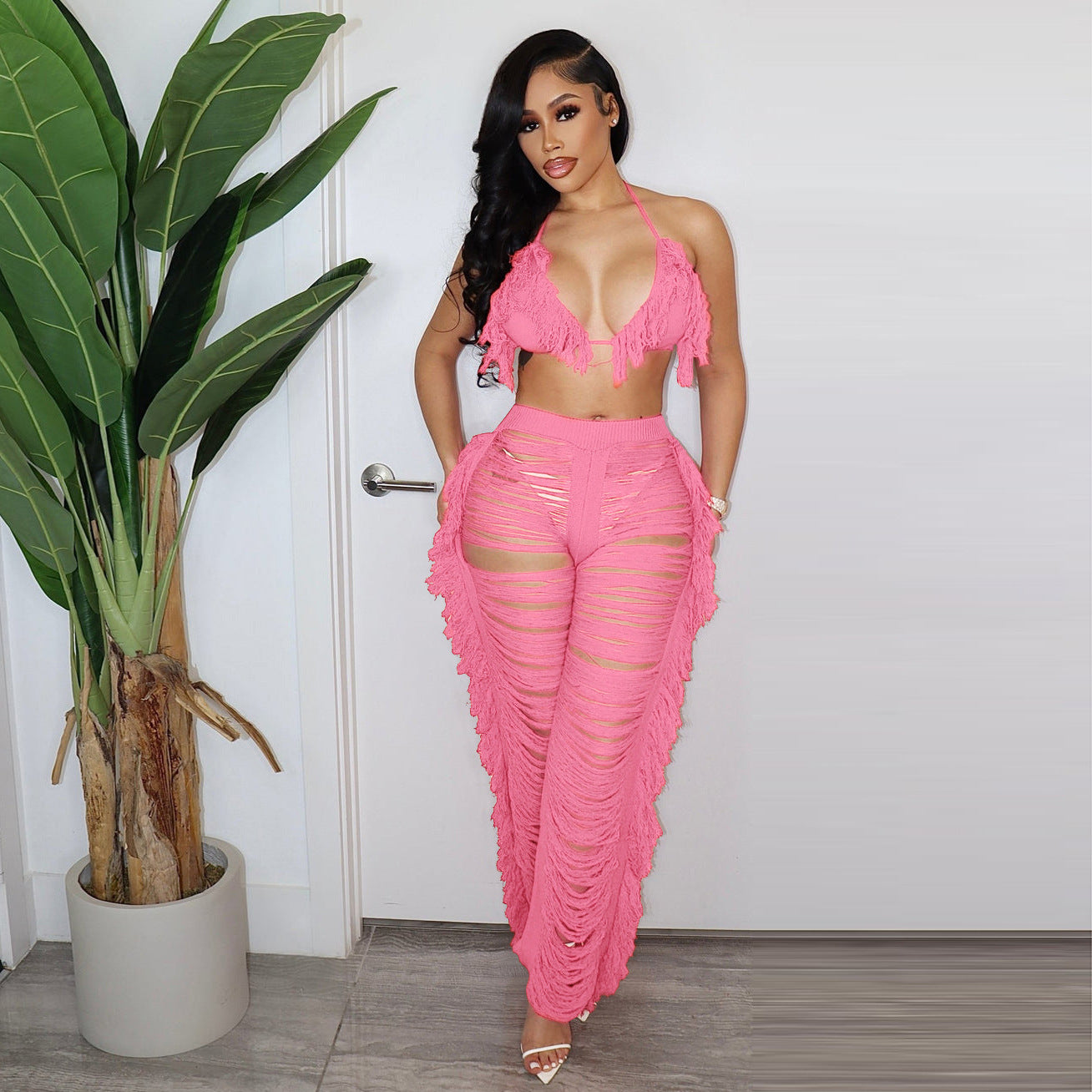 Summer Women Clothing Sexy Tassel Knitted Trousers Suit