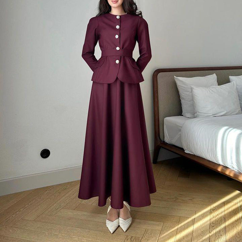 Casual Set Women Autumn Solid Color round Neck Single Breasted Design Slim Skirt Set
