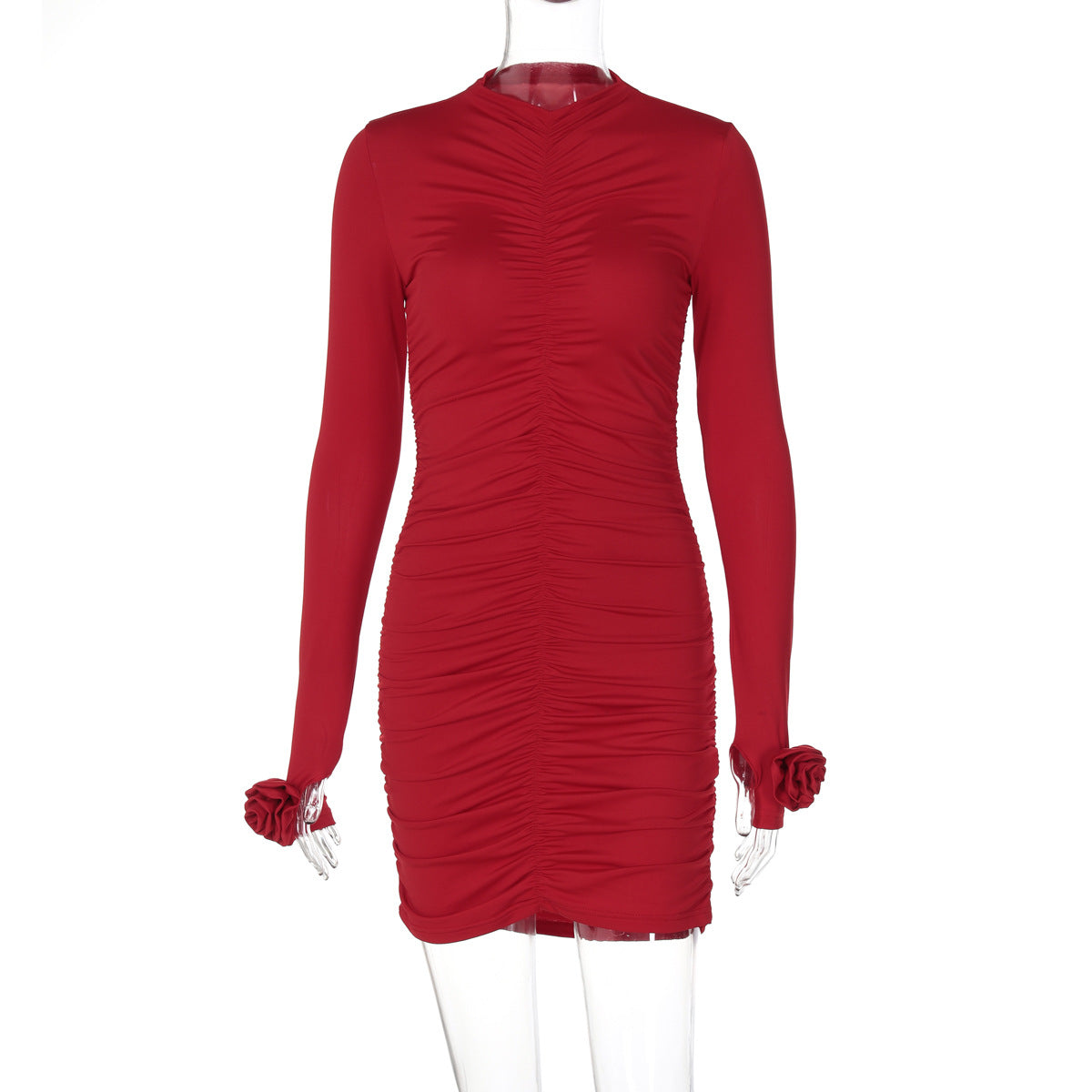 Women Clothing Autumn Floral Decoration Long Sleeve Pleated Slim Sheath Dress Women