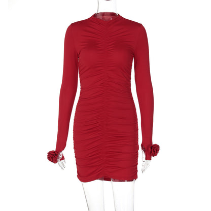 Women Clothing Autumn Floral Decoration Long Sleeve Pleated Slim Sheath Dress Women