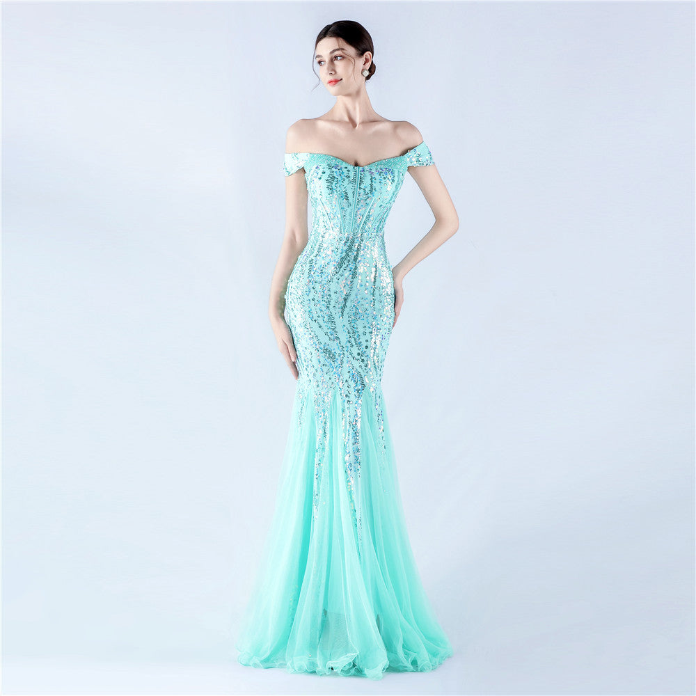 Dress Craft Beaded Mesh Sequin Evening Dress Annual Meeting Performance Host