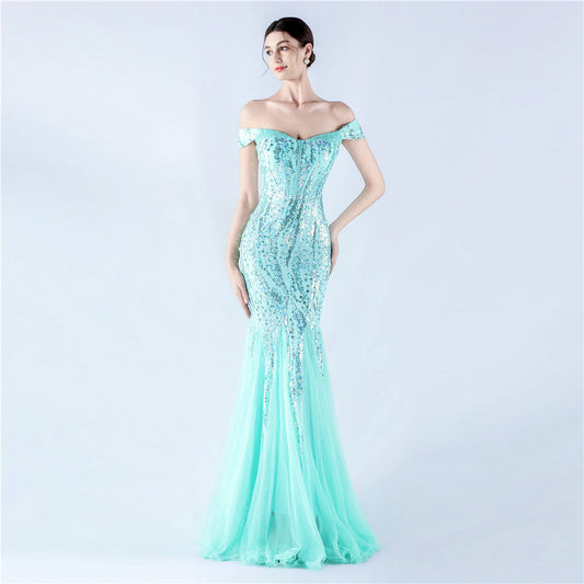 Dress Craft Beaded Mesh Sequin Evening Dress Annual Meeting Performance Host
