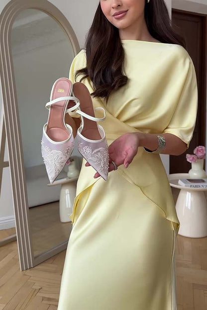 Secret of Elegance Satin Slit Back Lace-up Top and Elastic Waist Flare Maxi Skirt Set