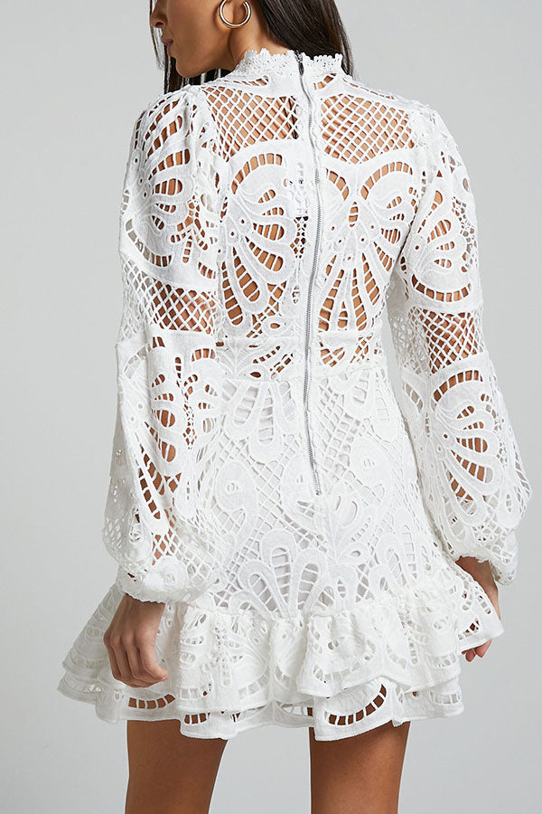 Solid Color Hollow Long-sleeved Waisted Lace Mini Dress