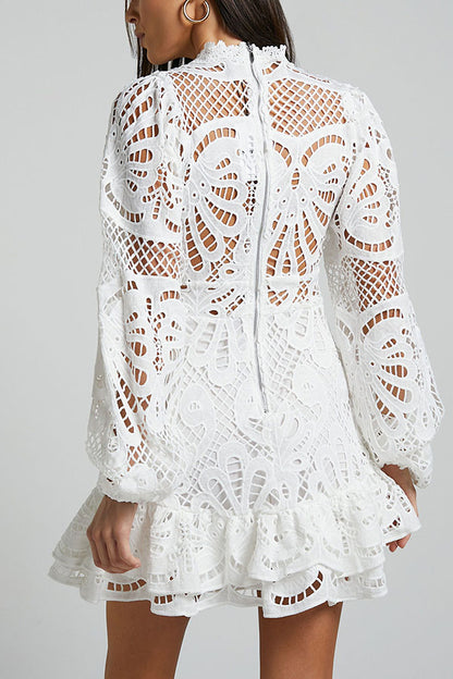 Solid Color Hollow Long-sleeved Waisted Lace Mini Dress